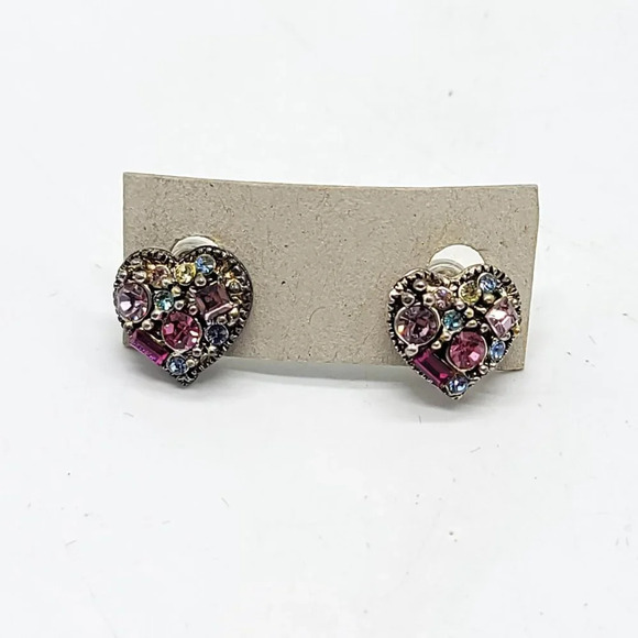 Stunning Silver Tone Multi Color Glass Rhinestone Heart Post Earrings Vintage - Picture 5 of 5